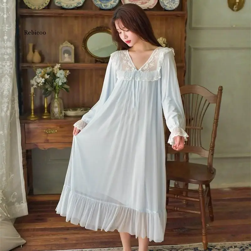 

Soft Modal Women's Lace Long Nightgowns Vintage White Lace Princess Long Sleeve Long Sleepwear Solid Color Nighty Spring Autumn