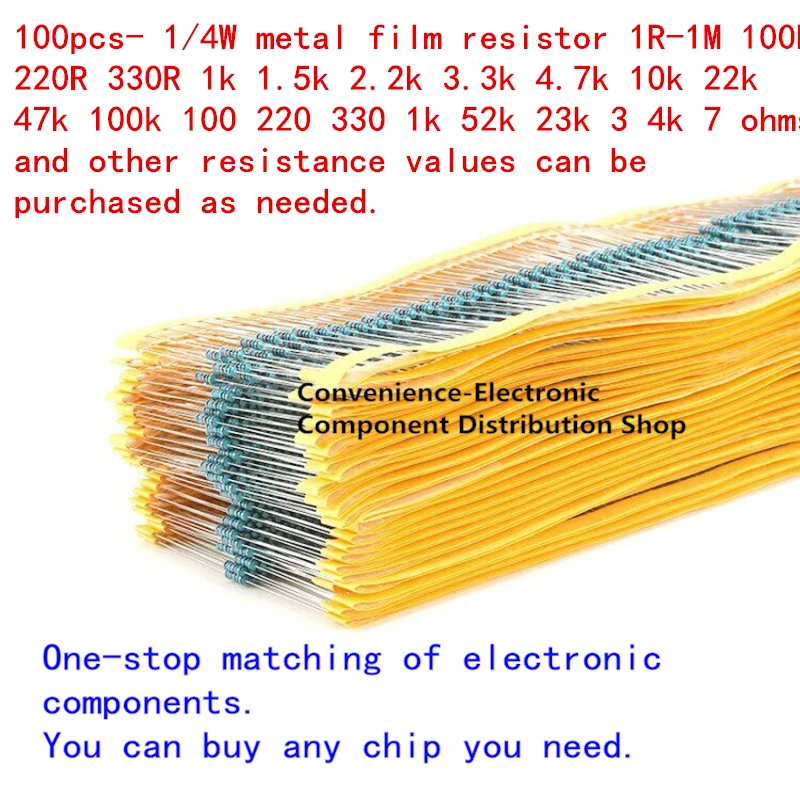 100Pcs 100ohm 1/4w 1% Metal film resistor plug-in with various specifications can be purchased in the store.