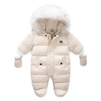 

-30 Russian Winter Children Jumpsuit Fur Hood Baby Girl Boy Snowsuit Infant Outerwear Ovealls Baby Thick Rompers with Gloves