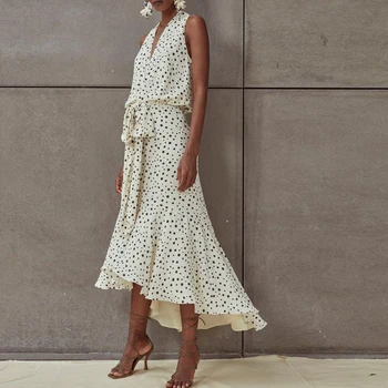 

Gedivoen 2020 Summer Fashion Designer Midi Dress Women Sleeveless Polka Dot Print Asymmetrical Dress Elegant Ladies Dresses