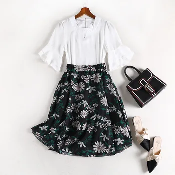 

2 Piece Sets Womens Outfits 2020 Summer New Plus Size White Flare Sleeve Shirt Floral-Print Chiffon Skirt Women's Clothing Sets