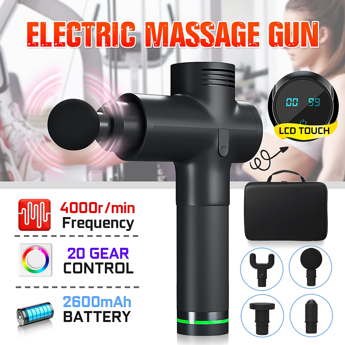 

4000r/min Body Massage Electric Vibrating Therapy Guns 20 Files LED Relaxation Massage Machine Relax Muscle Massager + 4 Heads