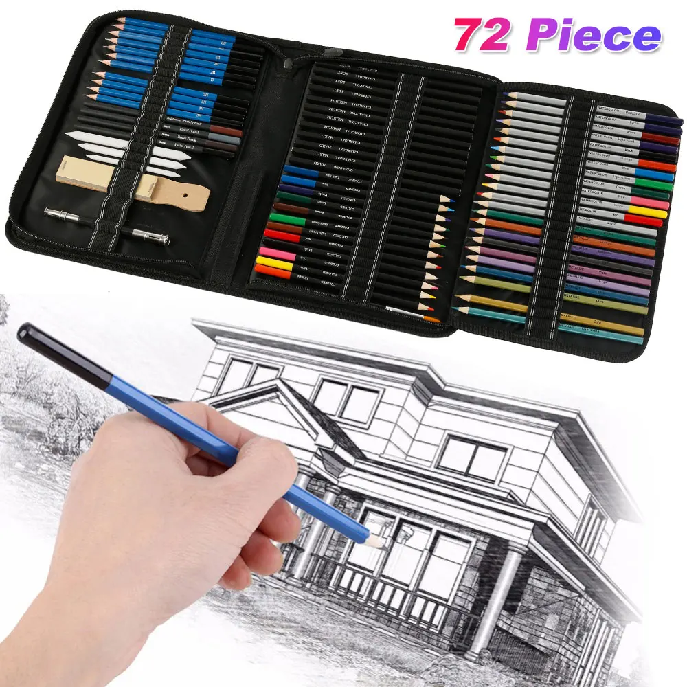 72PCS Drawing Pencils Set Sketch Colored Pencils Watercolor 