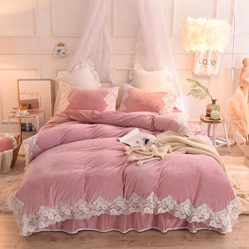 4pcs  Home Textile Bedding Set Queen/ King Size Bedlinens Winter Warm Duvet Cover Fleece Letter Pattern  Bedclothes