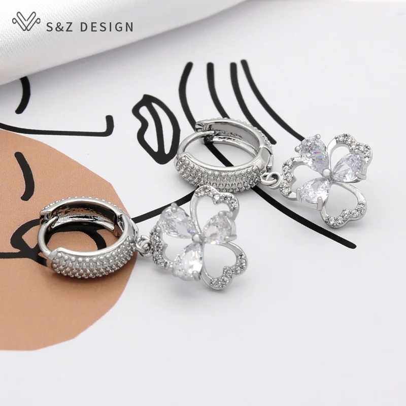 S&Z DESIGN New Fashion Elegant Cute Flower Cubic Zirconia Dangle Earrings For Women Girl Wedding Party Lovely Fine Jewelry