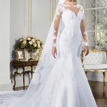 Прозрачное свадебное платье Русалочки с круглым вырезом и длинными рукавами с кружевными аппликациями прозрачное свадебное платье