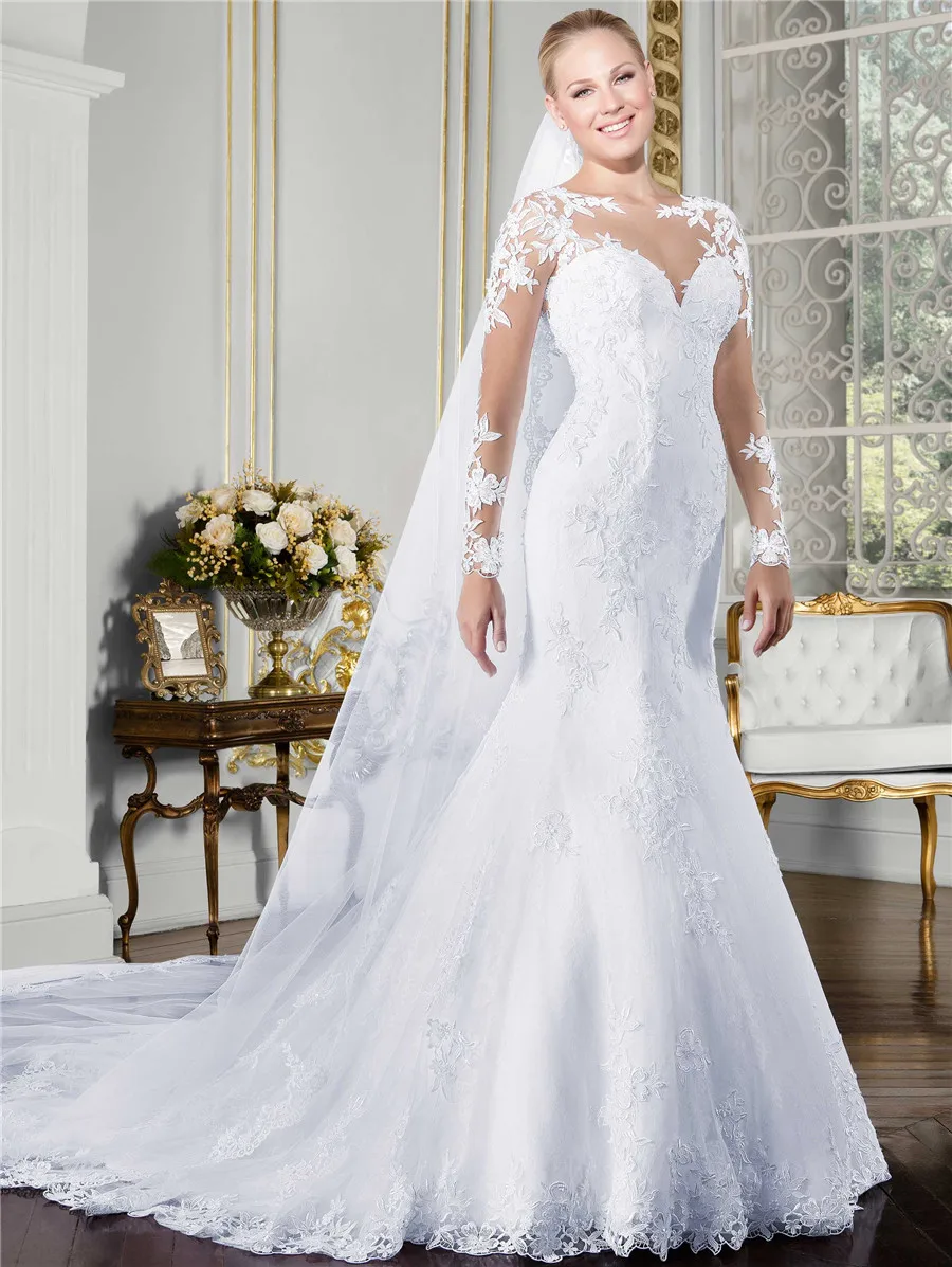 

Sheer O neck Long Sleeve Mermaid Wedding Dress 2019 with Lace Appliques See Through Illusion Back Bridal Gowns robe de soiree