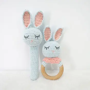 

2Pcs/Set Baby Wooden Teether Ring DIY Crochet Bunny Chewing Teething Nursing Soother Infant Molar Play Toy