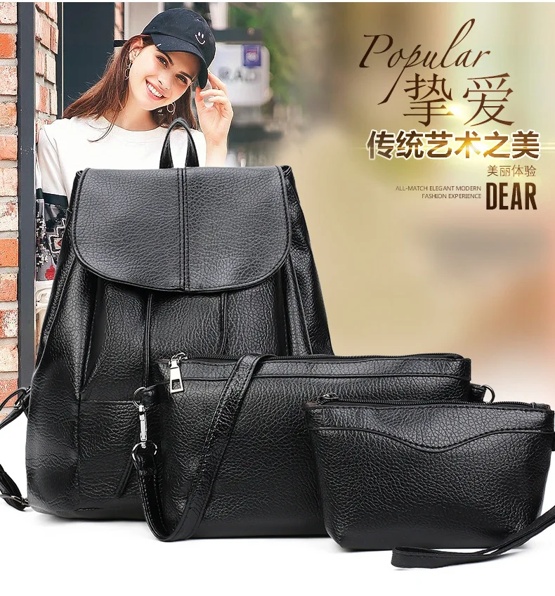

New Style WOMEN'S Bag Pu Three-piece Set Embossed Leather Solid Color WOMEN'S Backpack Bag