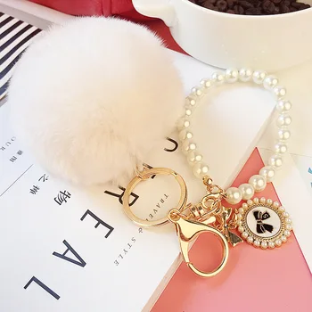 

1Pc Party Favors Lazy Rabbit Fur Ball Pearl Key Chain Pendant Plush Car Keyrings For Women Bag hanging Souvenir Plush Toy Gift