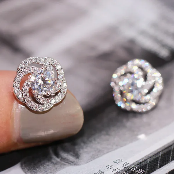 New Arrival Jewelry Female 925 Silver Needle Twist Rose Flower Zircon Crystal Stud Earrings For Women Brincos Pendientes