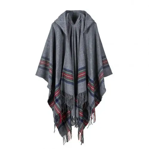 Mujeres пончо con capucha bufanda de invierno a la moda rayas borla capas gruesos chales calientes bufandas одежда женская одежда - Цвет: Grey