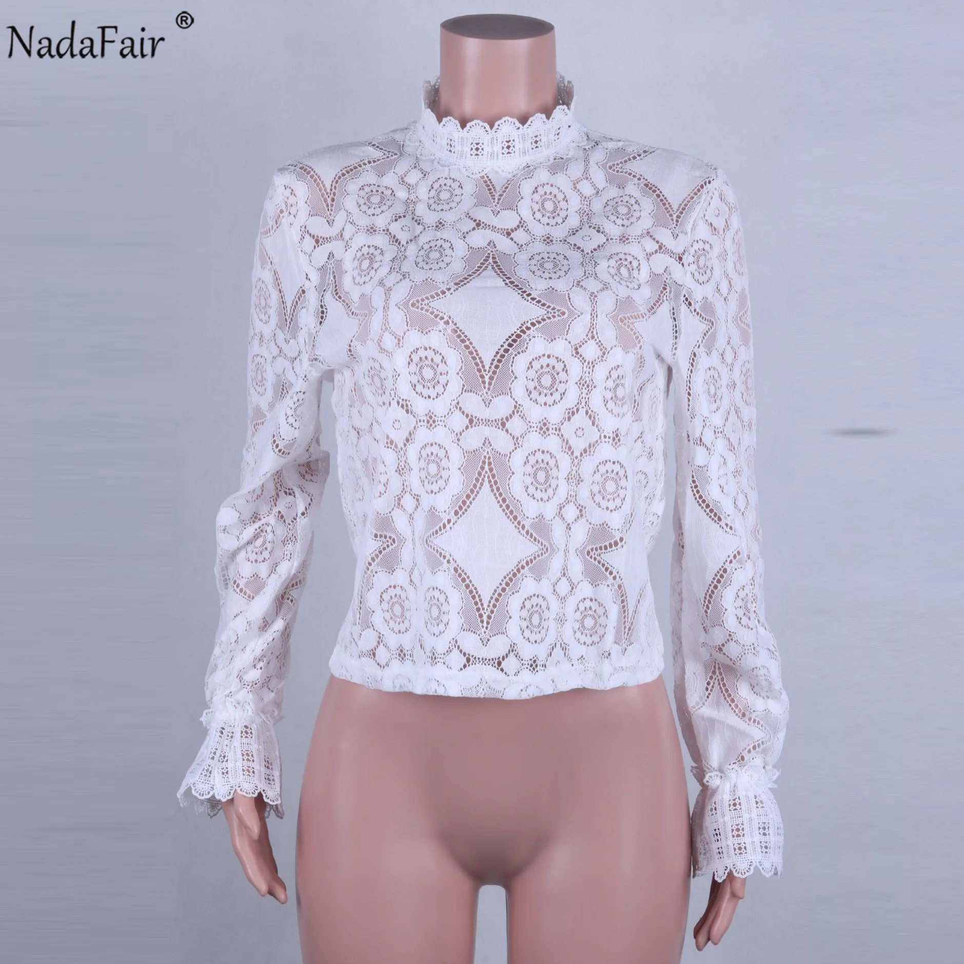 Nadafair элегантная кружевная блузка Женская Сексуальная Ажурная офисная с вышивкой