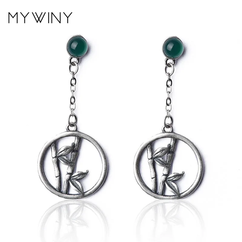 New original design vintage bamboo silver earrings for women girl,ethnic sterling chrysoprase drop long earrings jewelry