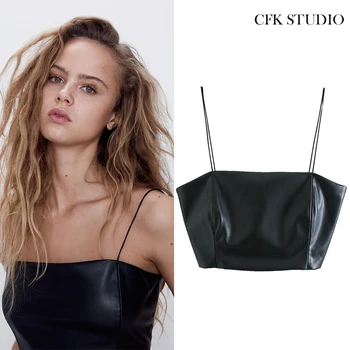

Women Sexy Pu Tank 2020 New Summer Party Tube Tops Camisole Solid Sleeveless Black Crop Tank Tops