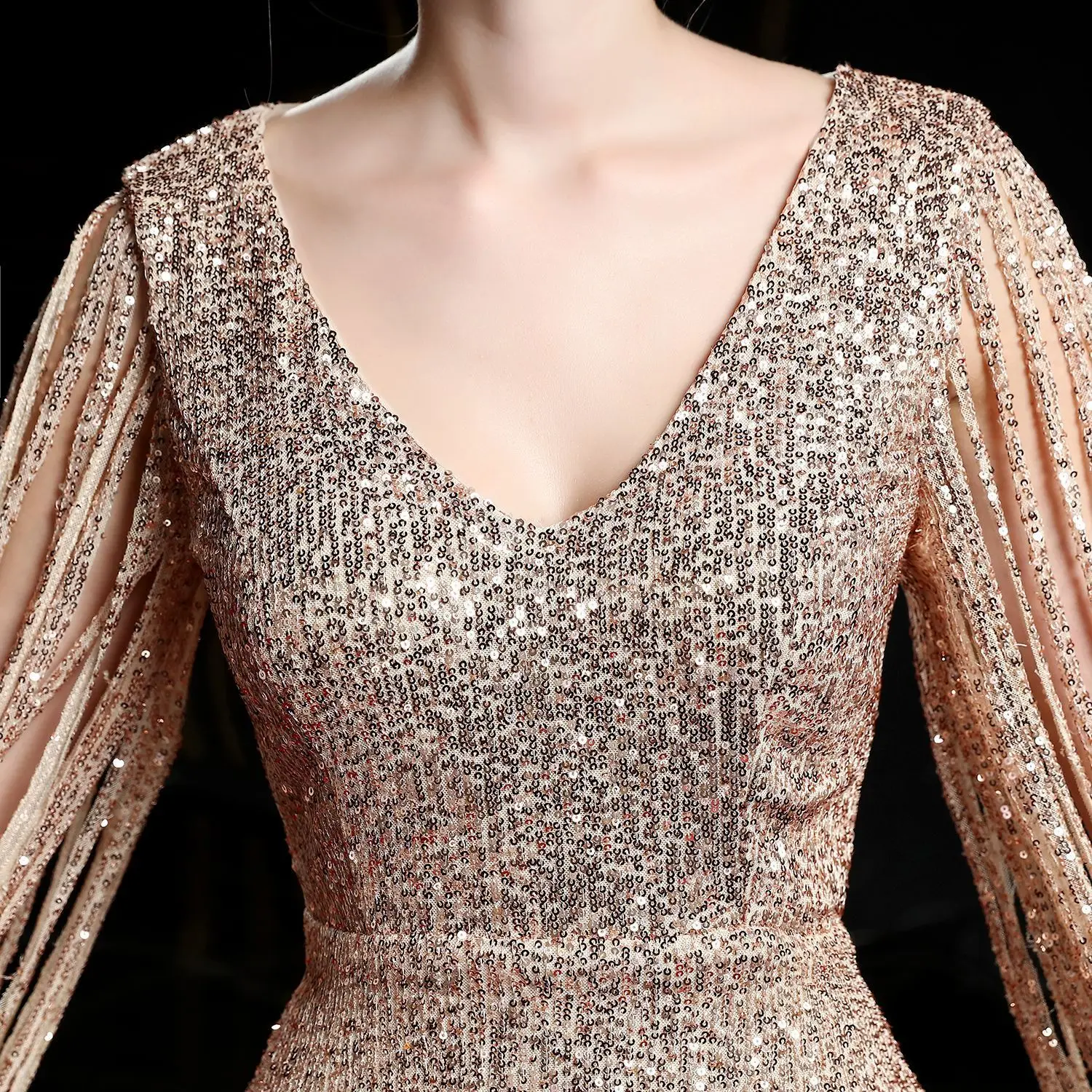BGW блестками вечернее платье с кисточками; одежда с длинным рукавом Vestidos De Fiesta De Noche сексуальный v-образный вырез шесть Цвет женское платье застежкой-молнией на спине