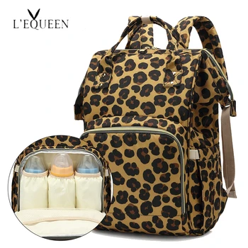 

Lequeen Leopard Printing Mummy Backpack Hanging Trolley Diaper Baby Care Backpacks Bag Maternity Mother Nappy Bagpack