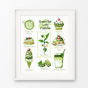 

Green Tea and Cake Cartoon Counted cross stitch kit 14ct 11ct printed fabric embroidery DIY needlework cotton threads FishXX
