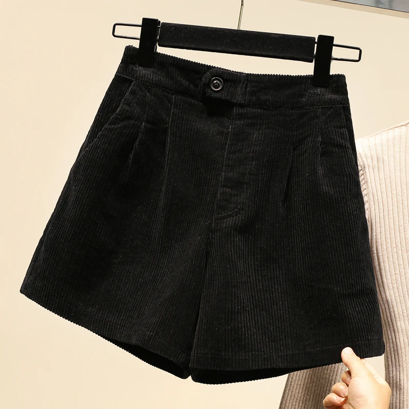 Вельветовые шорты женские, с высокой талией осень-зима толстые свободные плюс Размеры женские широкие брюки; Цвета: черный, хаки; Mujer; короткие 4xl 5xl