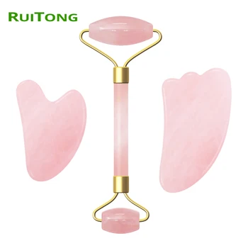 

3 in1 Facial Massager Natural Jade Roller Set Face Lift Tool Guasha Board Kit Face Massage Roller Rose Crystal Quartz Roller