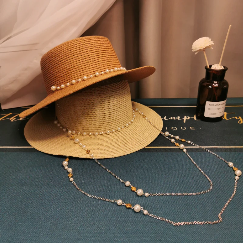 

2021 New Women's Wide Brim Sun Hats Summer Pearl Straw Hat Fashion Foldable Beach Boater Hat Cap Holiday Hepburn