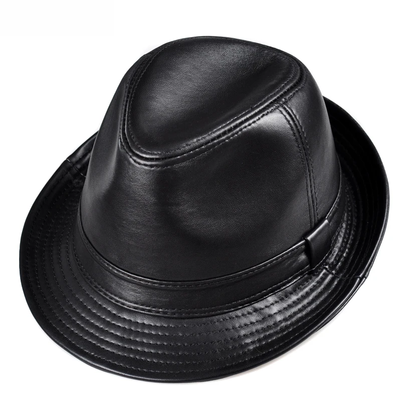 Autumn and winter men's leather hat big brim hat man jazz hat gentleman top hat sheepskin hat casual middle-aged and elderly