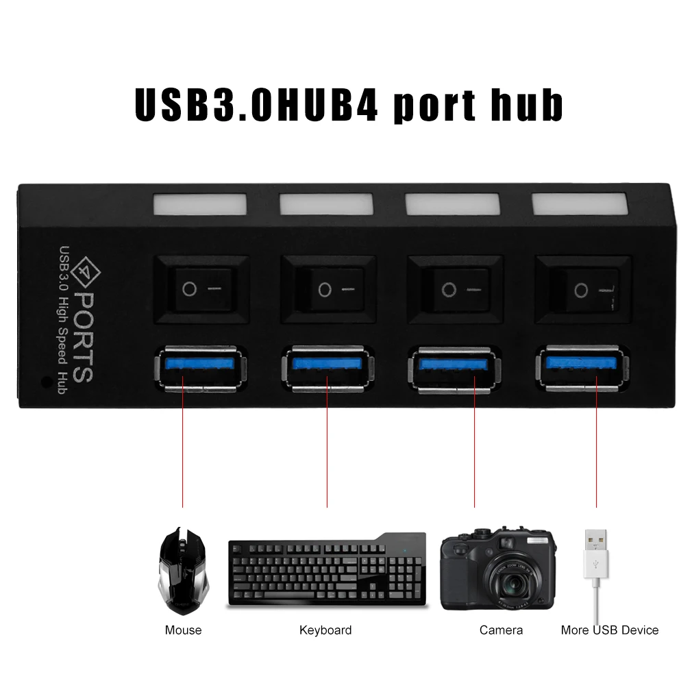 Professional Plug and Play 4 Port USB 3.0 Hub On/Off Switches& AC Power Adapter Cable for PC Laptop EU/US Plug