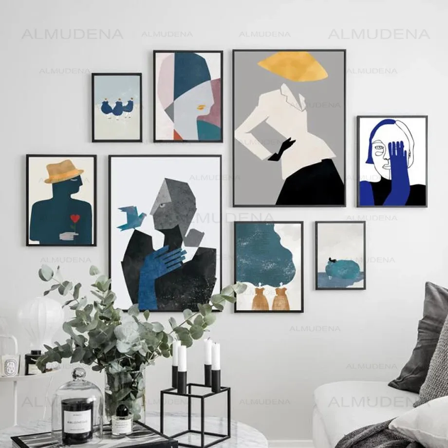 

Modern Abstract Girl Geometric Figures Nordic Vintage Poster Wall Art Print Canvas Painting Wall Pictures for Living Room Decor