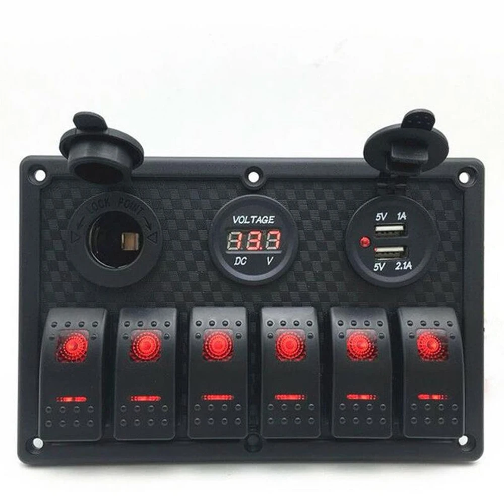 

6 Gang ON-OFF Toggle Switch Panel USB Socket Charger LED Voltmeter For Car SUV Marine RV Truck Camper Boat