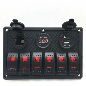 

6 Gang ON-OFF Toggle Switch Panel USB Socket Charger LED Voltmeter For Car SUV Marine RV Truck Camper Boat