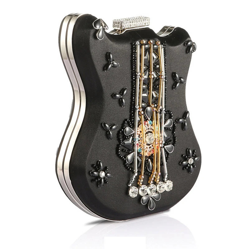 Pooflower Fashion Violin Shaped Beaded Evening Bags for Women Diamond