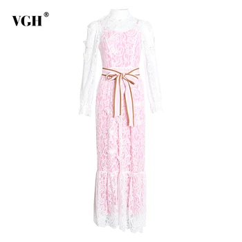 

VGH Elegant White Perspective Bowknot Dress For Women Stand Neck Lace Up High Waist Tunic Maxi Dresses Vest 2020 Clothing New