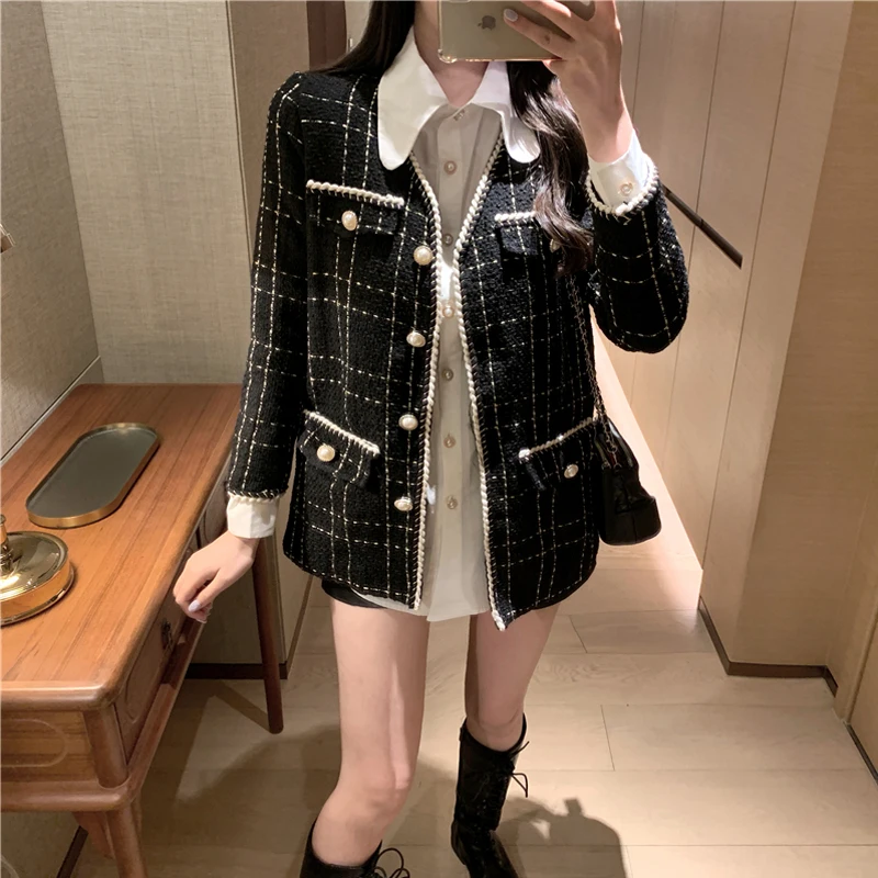 PERHAPS U women black tweed o neck short jacket spring autumn winter long sleeve pocket button vintage elegeant pocket C0212