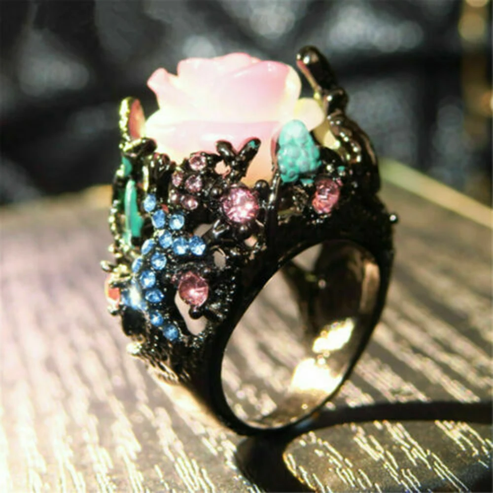 

Vintage Black Gold Ring Peony Flower Tree Vine Natural Stone Lizard Handmade Jewelry Lady Multi-Color Ring Punk Size 6-10 2019