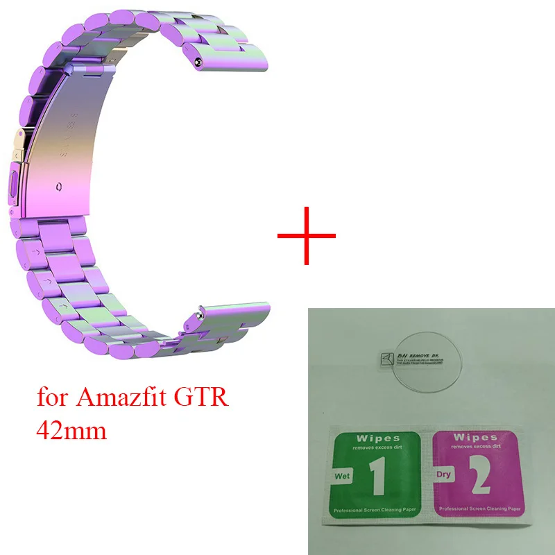 Ksadkvor металлический ремешок из нержавеющей стали для Xiaomi Huami Amazfit GTR 47 мм 42 мм браслет ремешок с экранным стеклом протектор - Цвет: 42 colorful