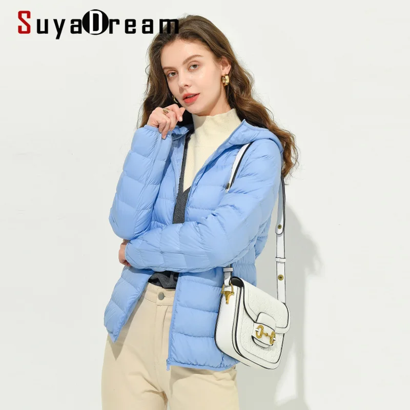 SuyaDream Hooded Woman Down Coat 90%White Duck Down Fill Simple Design Zipper Winter Coat 2021FW Outwear