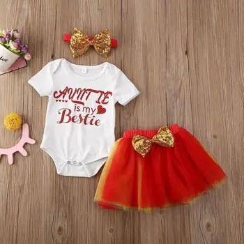 

Baby Girl 3PCS Clothes Auntie Bestie Tops+Mesh Skirts Dress Headband Outfits