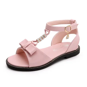 

Summer Fashion Leather Bowtie Rhinestone Girls Childrens Soft Bottom Big Kids Princess Sandals Student Beach Shoes 4 - 13 Years