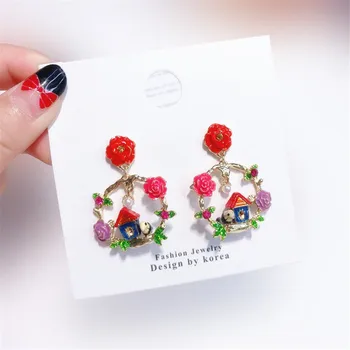 

European and American fashion house bird flower circle earrings exaggerated fashion earrings female enamel glaze