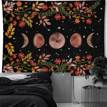 

Large Hanging Tapestry Moon Phase Surrounded By Plants and Flowers Black Wall Hanging Blanket Yoga Beach Mat