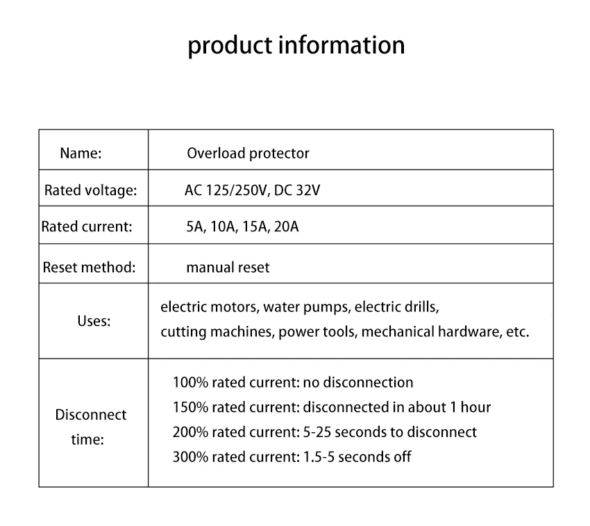 Description Picture 3 of itemOverload protector 5A 10A 15A 20A Mini Size Thermal Overload Protector Switch for Water Pumps Motors Manual Reset Safety switch