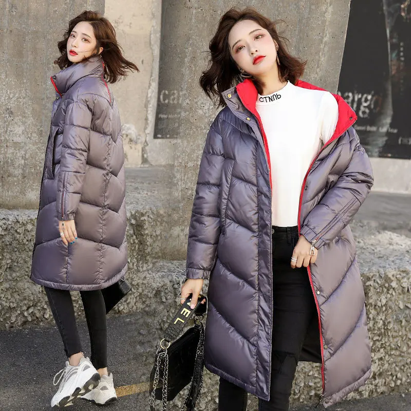 

2019 New Style down Jacket Women's Korean-style Long Fashion Loose INS Cotton Overcoat Bright Skin Matching Color Cotton Coat