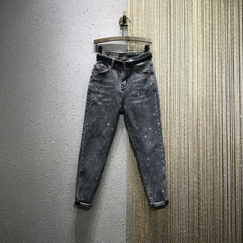 

Vertical Striped Rhinestone Denim Pants Women's 2020 Spring New High Waist Stretch Loose-Fit Straight-Cut Harem Pants Jeans