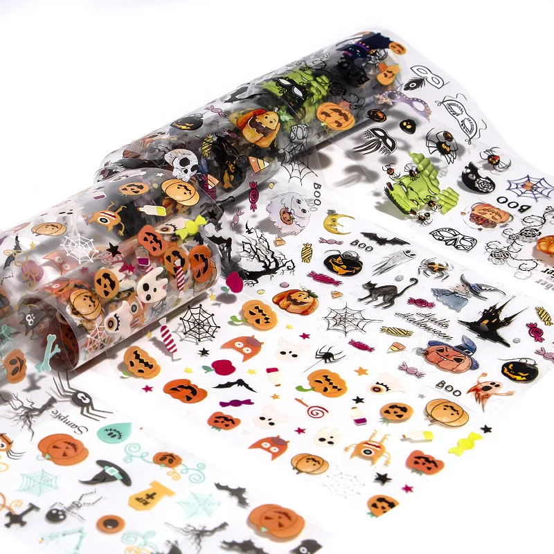 

10 Rolls/box Halloween Transfer Foil Sticker Skull Pumpkin Cat Pattern Clear Slider Tips DIY Nail Art Polish Deocorations New