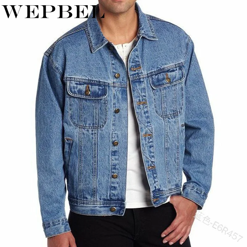 

WEPBEL Men's Long Sleeve Single Breasted Turn-down Collar Pocket Denim Jacket Spring Autumn Solid Color Patchwork Denim Jacket