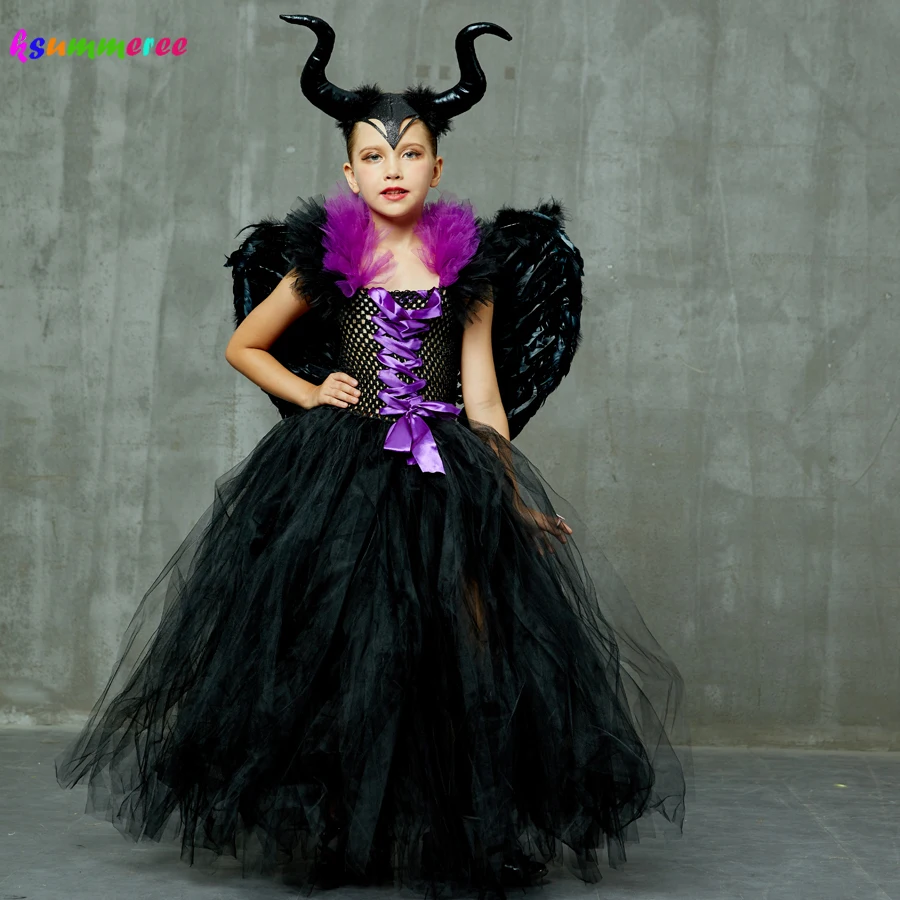 Bambini Evil Queen Girls Halloween Fancy Tutu Dress Costume con ala di  corno bambini battesimo Dress Up abito nero abiti da cattivo|Dresses| -  AliExpress