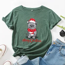 

Merry Christmas Women Cotton T-shirt Fashion Cartoon Cat Graphic Printed O-Neck Short Sleeve T Shirts Top Kawaii Femme Clothes