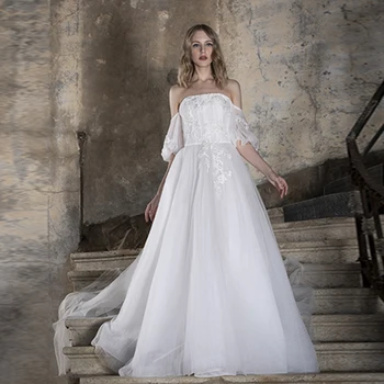 

Thinyfull Vintage Off The Shoulder Wedding Dresses With Puffy Sleeves Lace Appliques Illusion Vestidos Bridal Gowns Robe Mariee