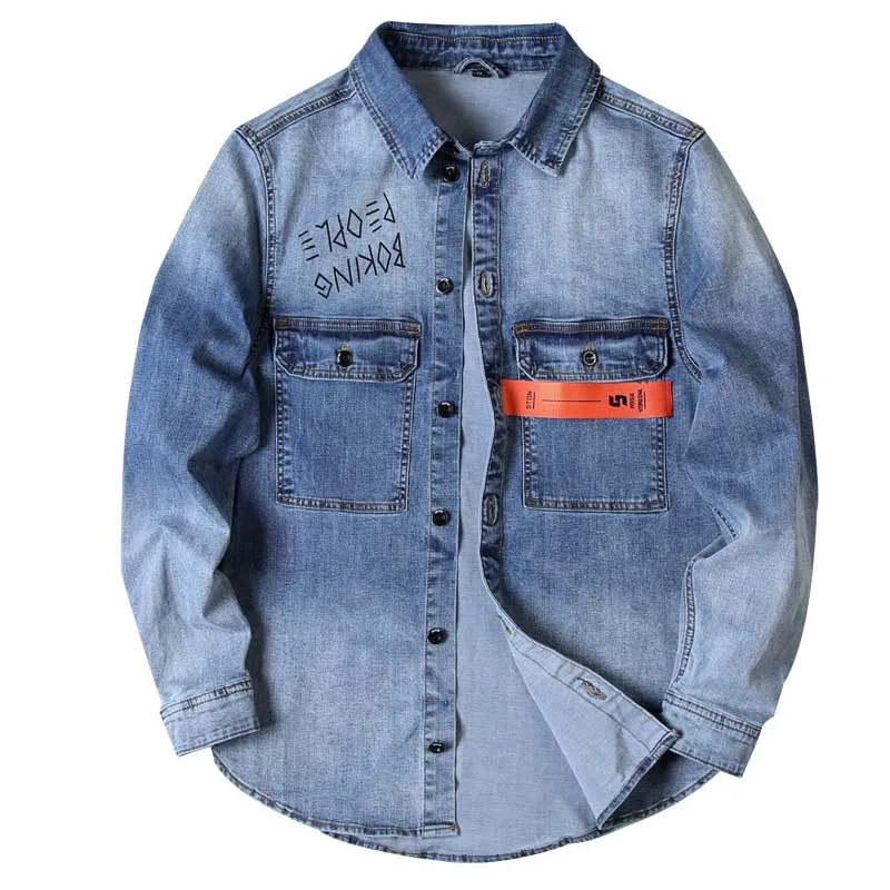 

Korean Fashion Shirts Jeans Denim Shirt Men Long Sleeve Cotton Big Size Vintage Letter Print Shirt Man Clothing