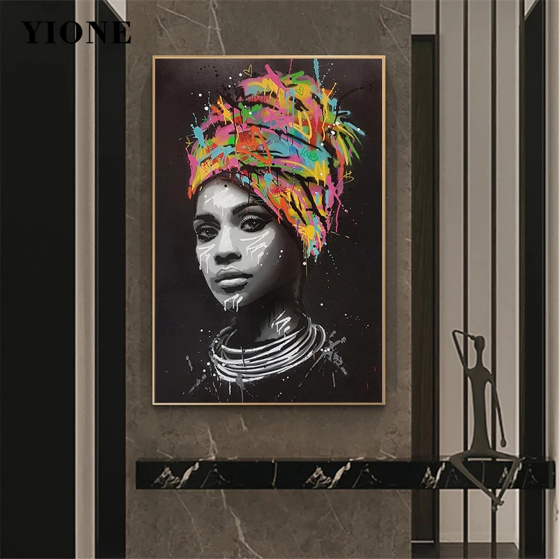 Abstract Black Colorful Graffiti African Woman Canvas Posters and Prints Custom Art Figure Picture Wall Painting for Living Room